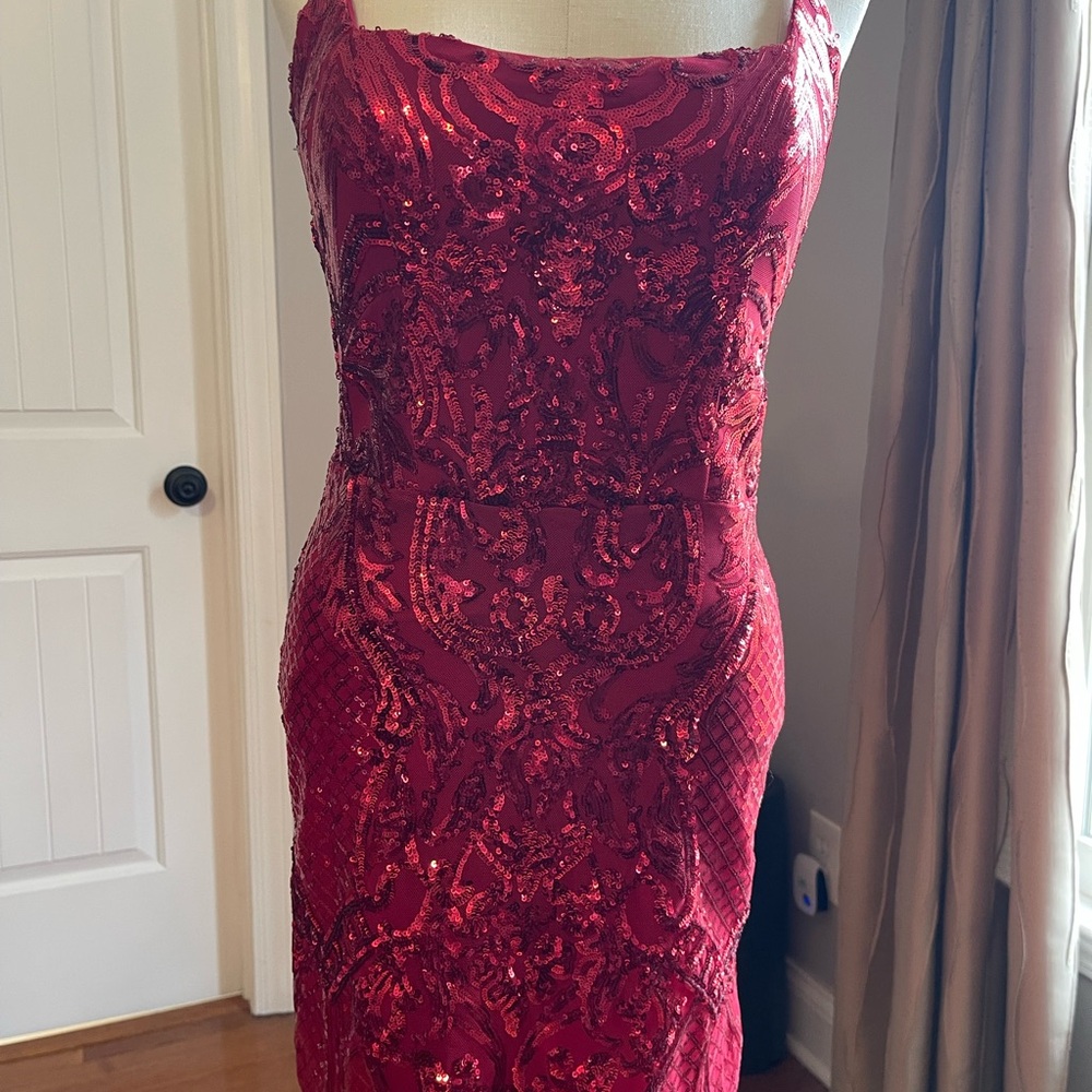 B Darlin Red Sequin Midi Dress with Beaded Embellishment prom wedding formal